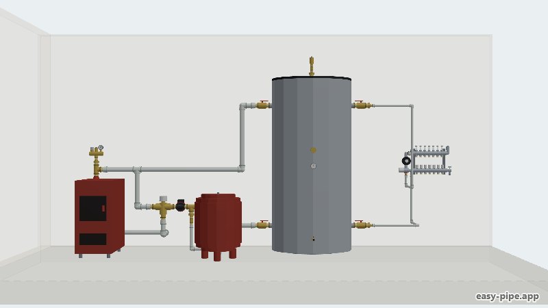 Piping diagram of a solid fuel boiler with a 1000 l buffer tank, anti-condensation valve, expansion vessel and underfloor heating manifold