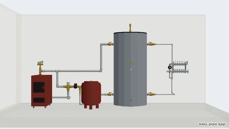 Boiler room: solid fuel boiler, buffer tank, hydronic underfloor heating