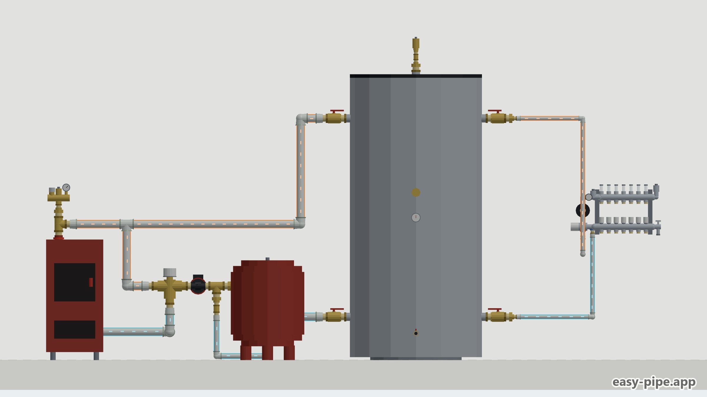 Piping diagram of a solid fuel boiler with a 1000 l buffer tank, anti-condensation valve, expansion vessel and underfloor heating manifold — View 7 of 7