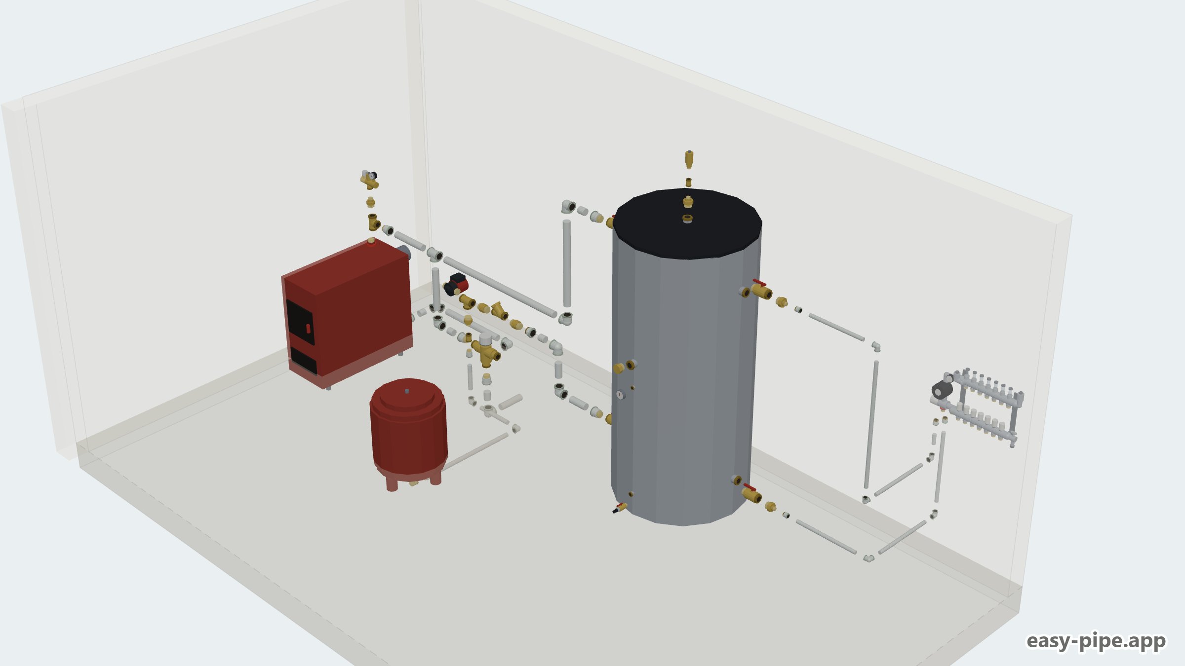 Piping diagram of a solid fuel boiler with a 1000 l buffer tank, anti-condensation valve, expansion vessel and underfloor heating manifold — View 6 of 7