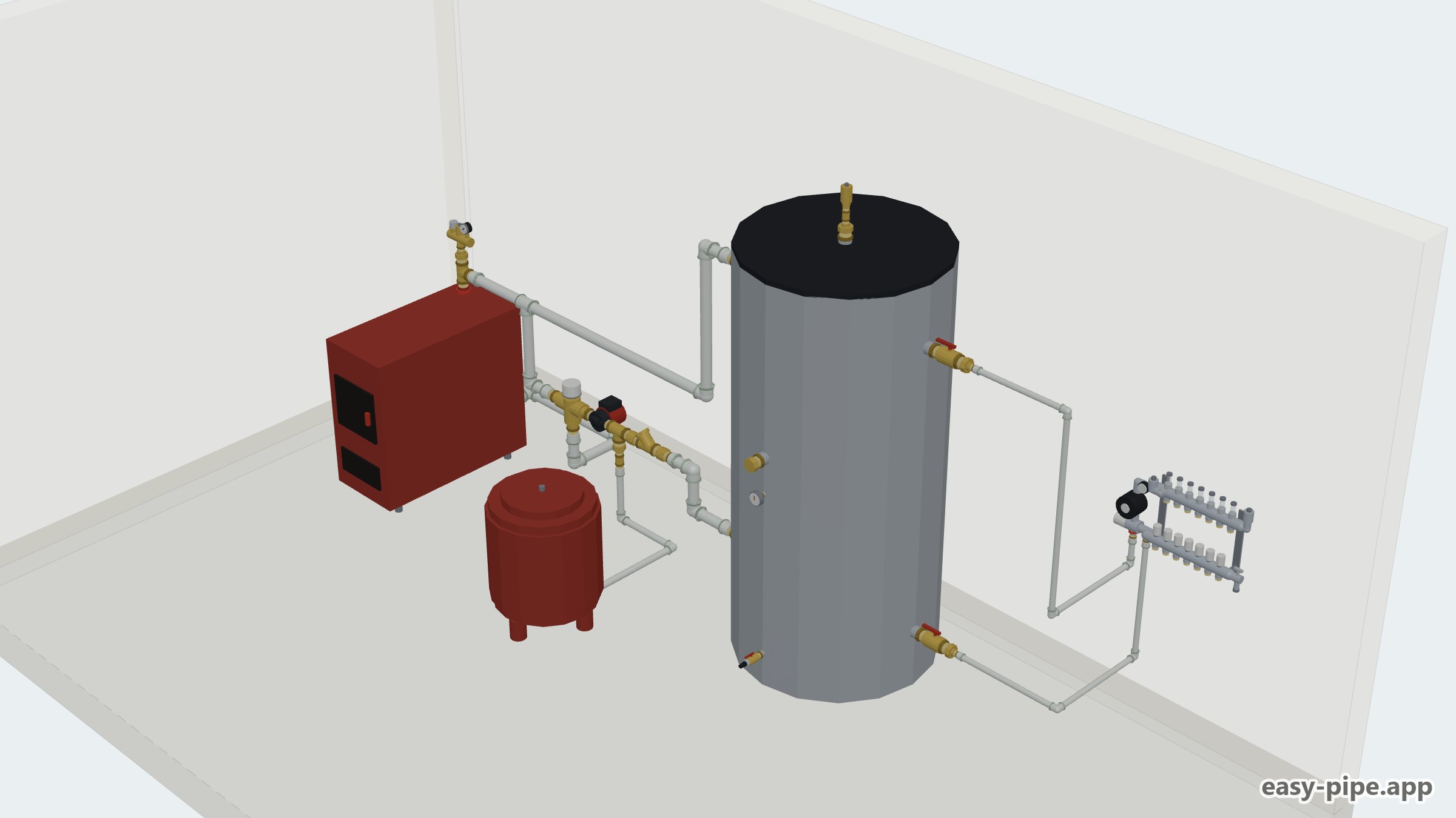Piping diagram of a solid fuel boiler with a 1000 l buffer tank, anti-condensation valve, expansion vessel and underfloor heating manifold — View 2 of 7
