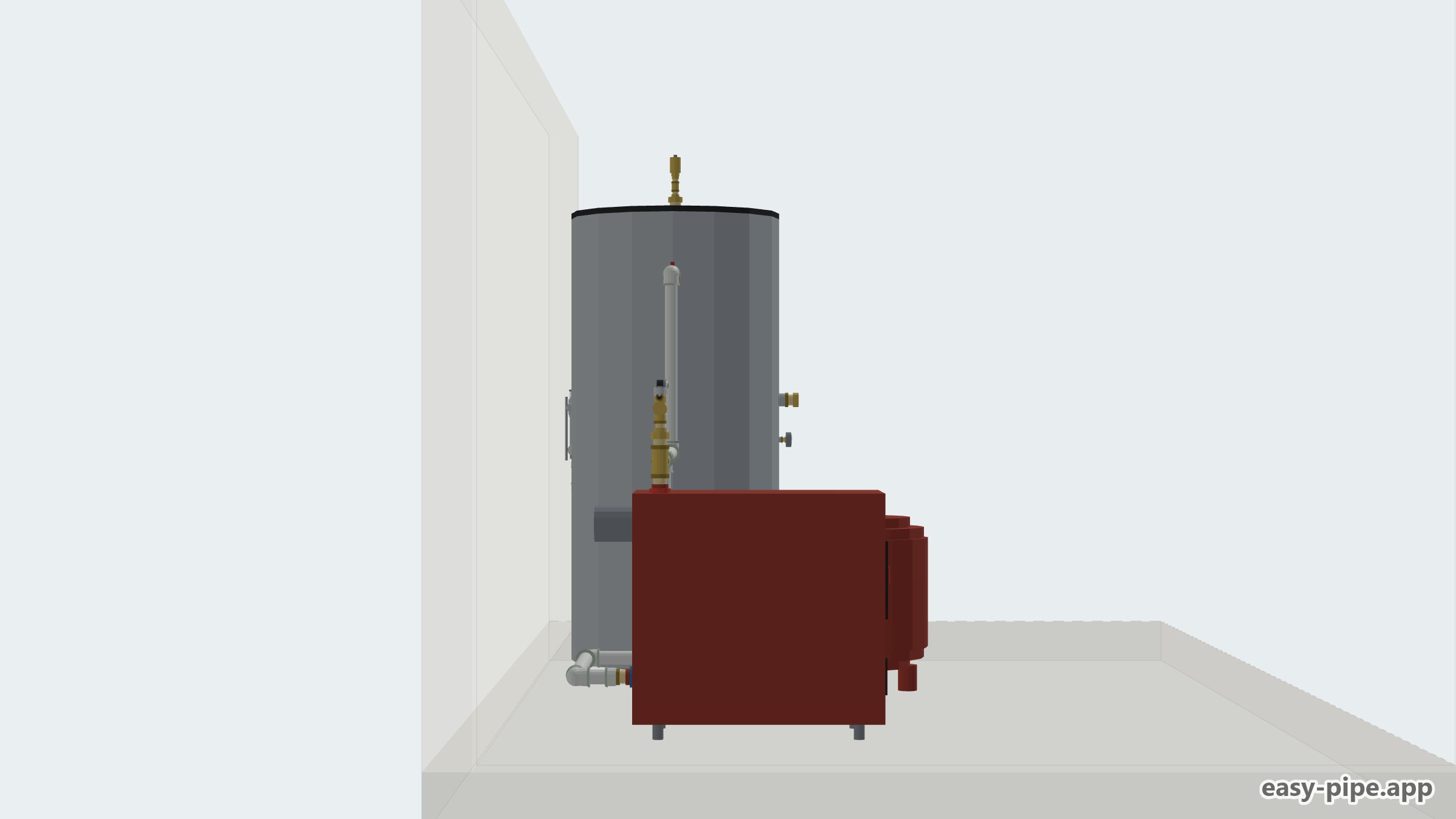 Piping diagram of a solid fuel boiler with a 1000 l buffer tank, anti-condensation valve, expansion vessel and underfloor heating manifold — View 5 of 7