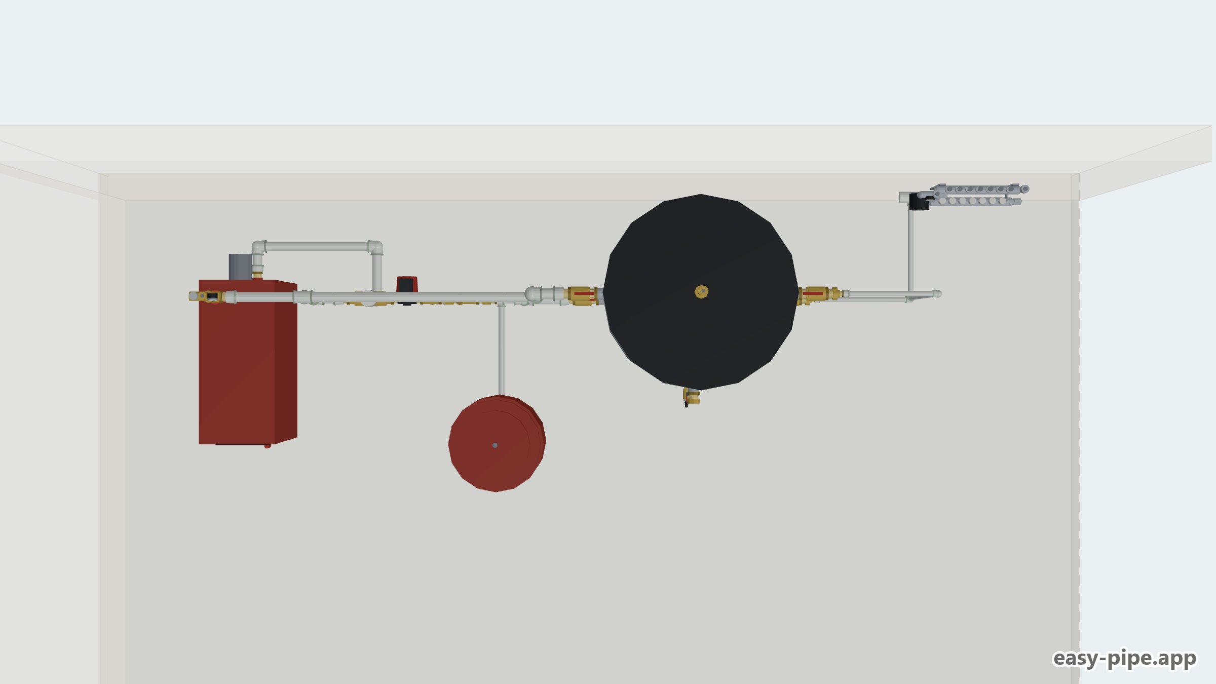Piping diagram of a solid fuel boiler with a 1000 l buffer tank, anti-condensation valve, expansion vessel and underfloor heating manifold — View 3 of 7