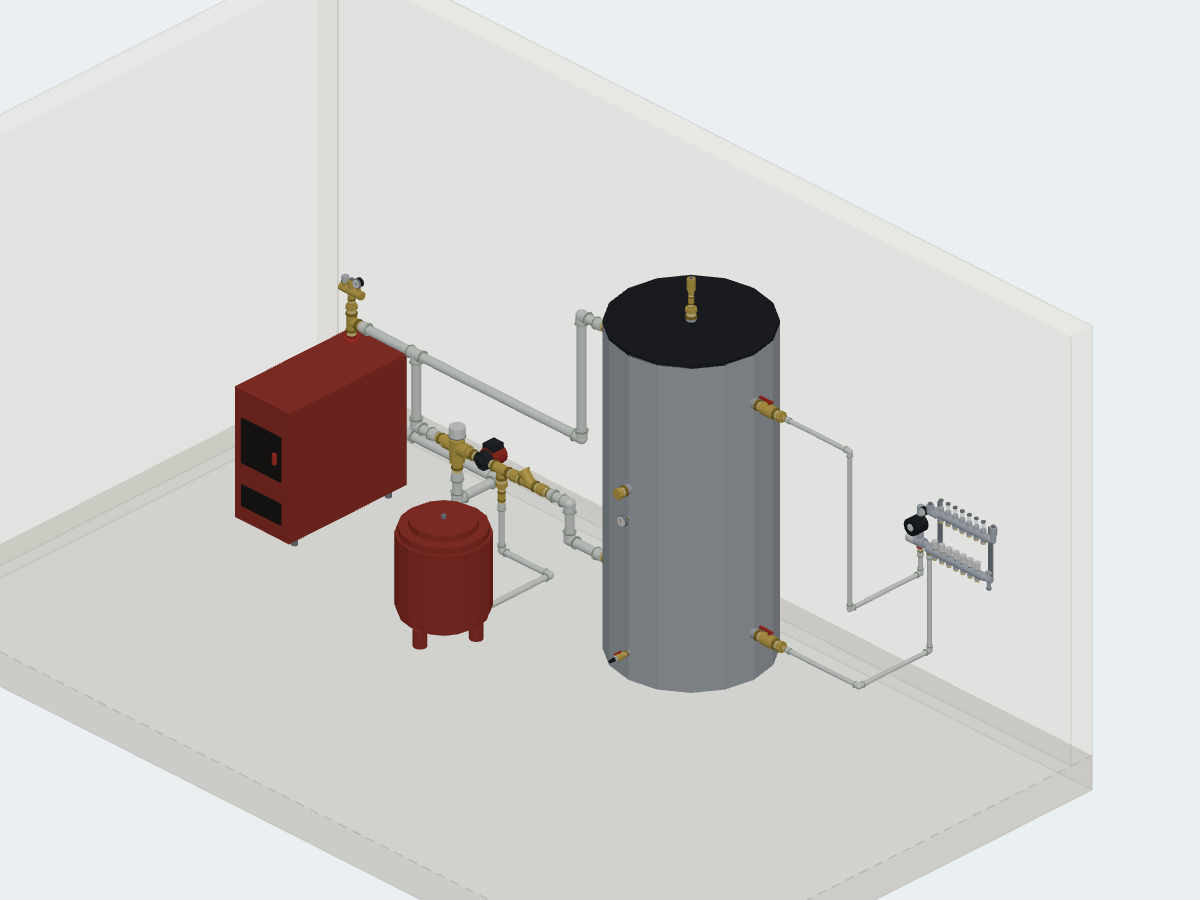 Boiler room: solid fuel boiler, buffer tank, hydronic underfloor heating