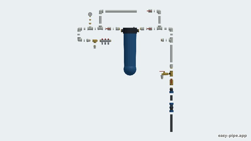 Layout of water supply from a well into the house: Ø32 HDPE pipe, master valve, drain, garden valve, BB20 filter with bypass, pressure gauge, manifold with three Ø16 outlets — View 6 of 6
