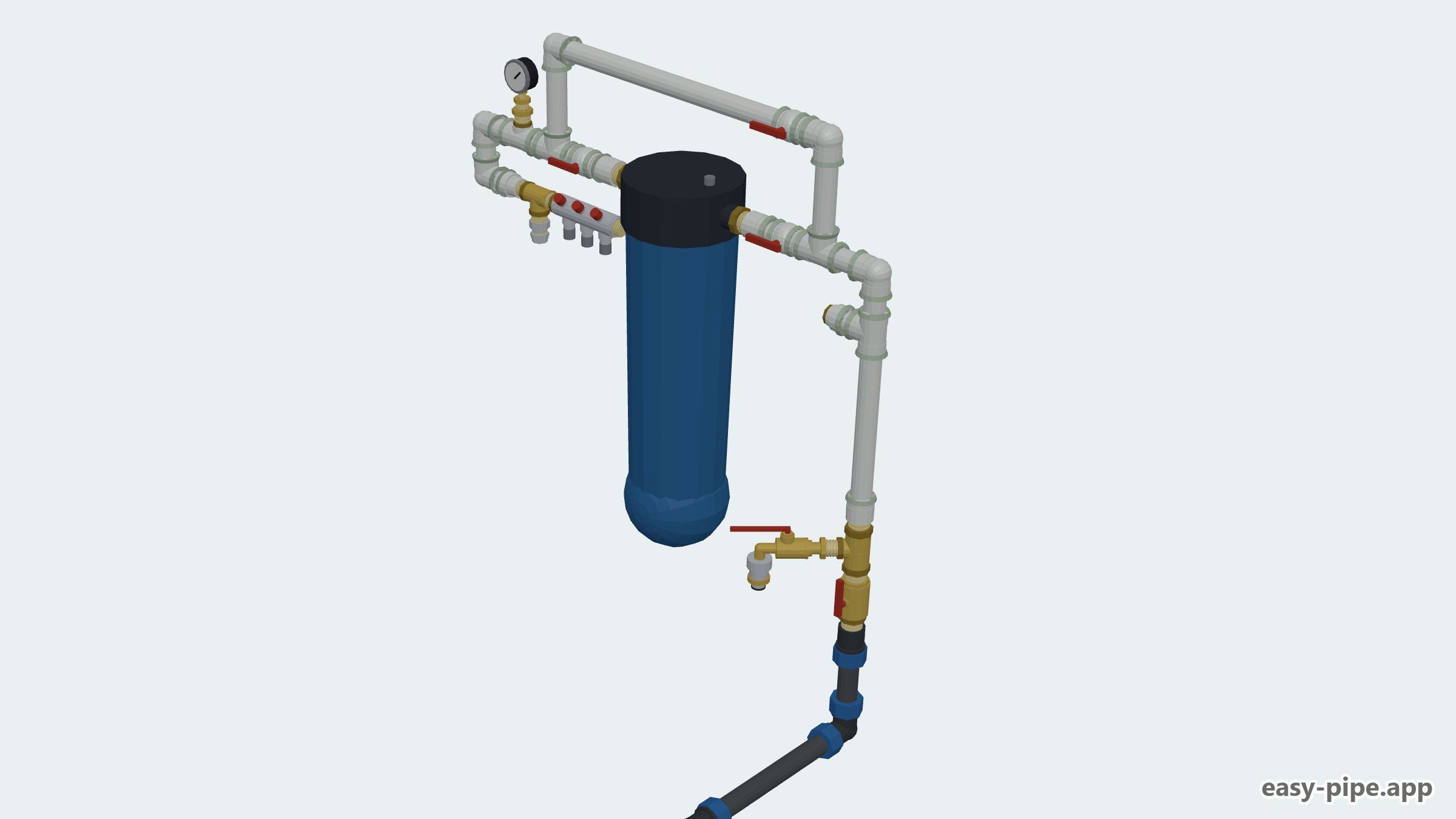 Layout of water supply from a well into the house: Ø32 HDPE pipe, master valve, drain, garden valve, BB20 filter with bypass, pressure gauge, manifold with three Ø16 outlets — View 2 of 6