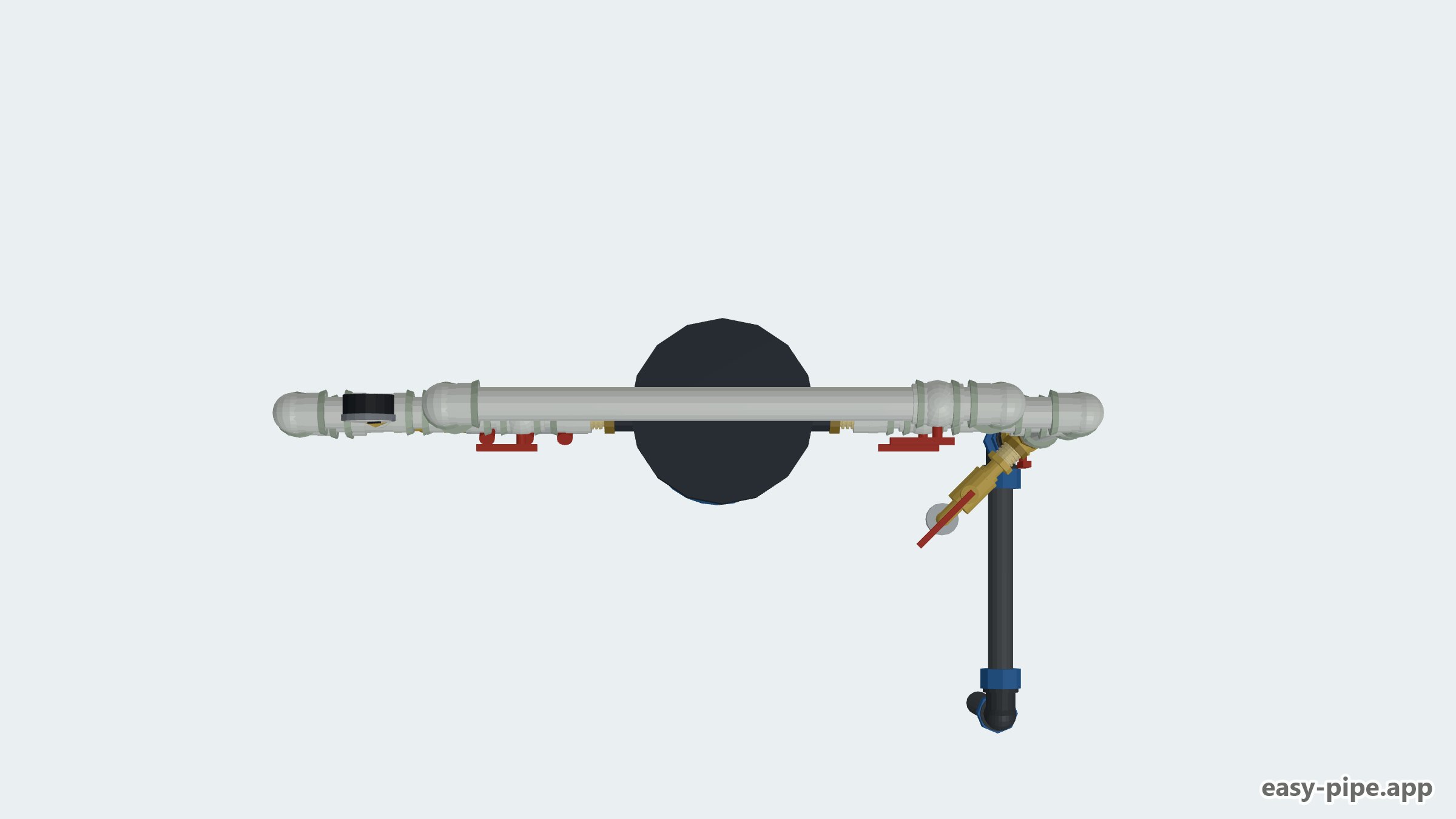 Layout of water supply from a well into the house: Ø32 HDPE pipe, master valve, drain, garden valve, BB20 filter with bypass, pressure gauge, manifold with three Ø16 outlets — View 3 of 6