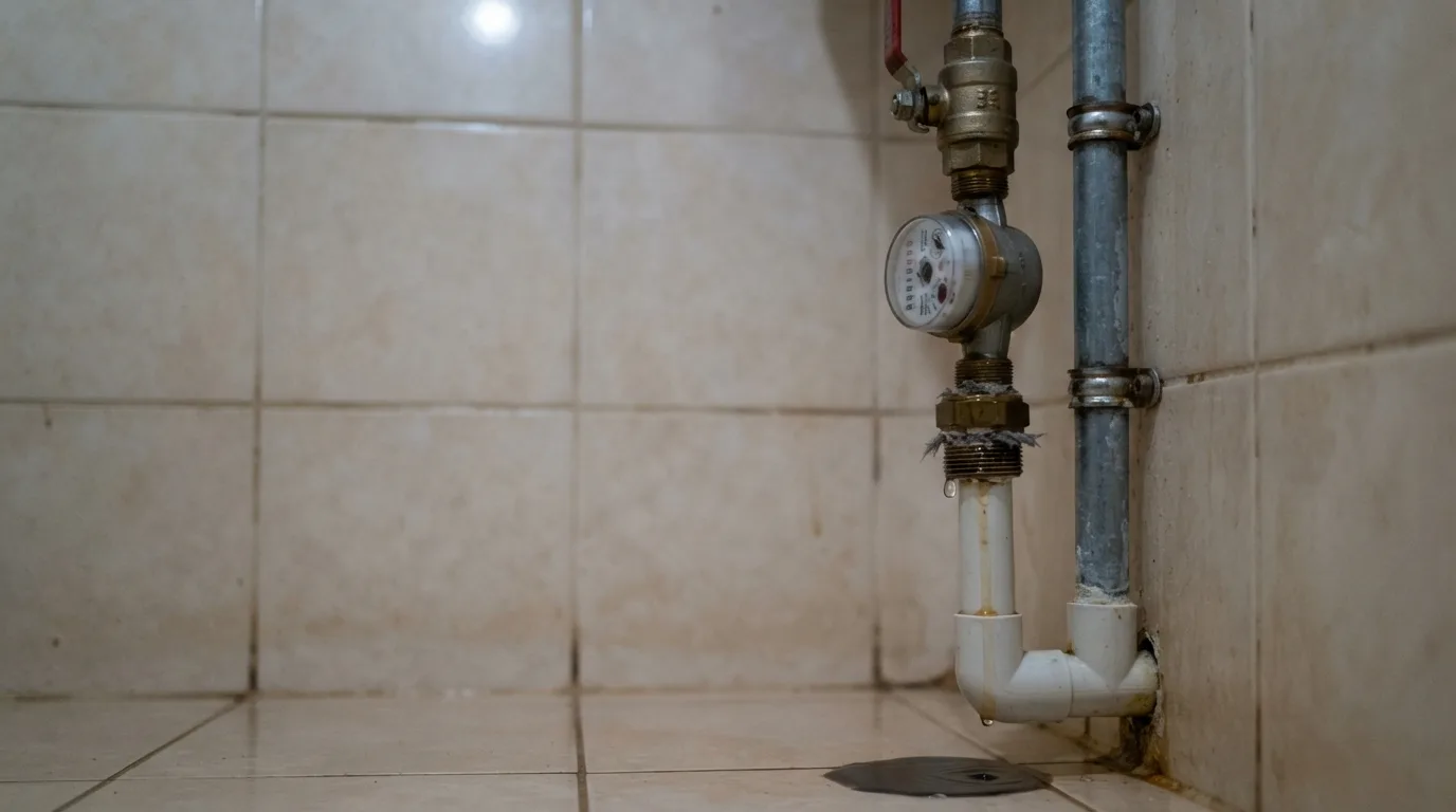 Стояк холодної води в санвузлі: кран, лічильник і латунна муфта на різьбі, з-під якої сочиться вода — крапля знизу та мокра пляма на плитці